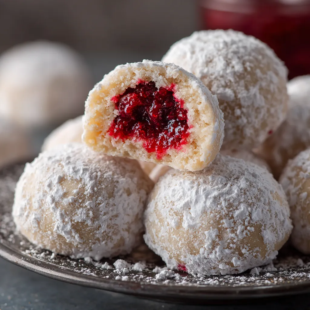 Raspberry Filled Snowball Cookies