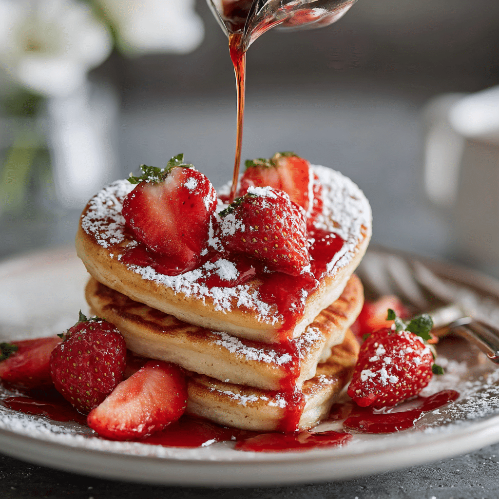 Heart-Shaped Pancakes with Strawberry Syrup