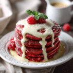 Red Velvet Pancakes with Cream Cheese Glaze