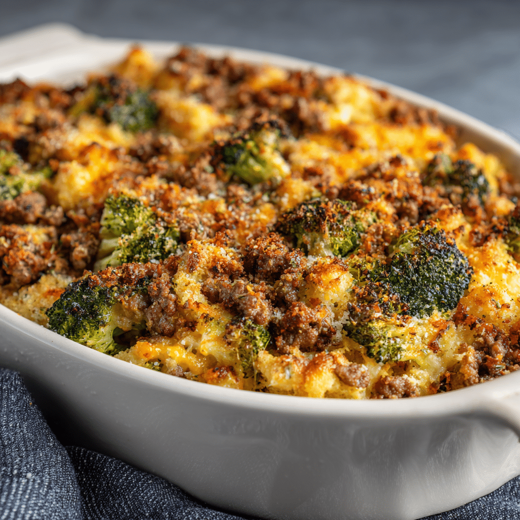 Mexican ground beef casserole with seasoned beef, cheese, and Mexican-inspired ingredients baked in a casserole dish.
